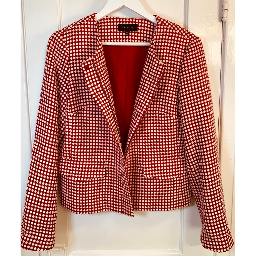 Talbots Red White Polka Dot Textured Tweed Blazer Jacket Collarless Zip / SZ 12